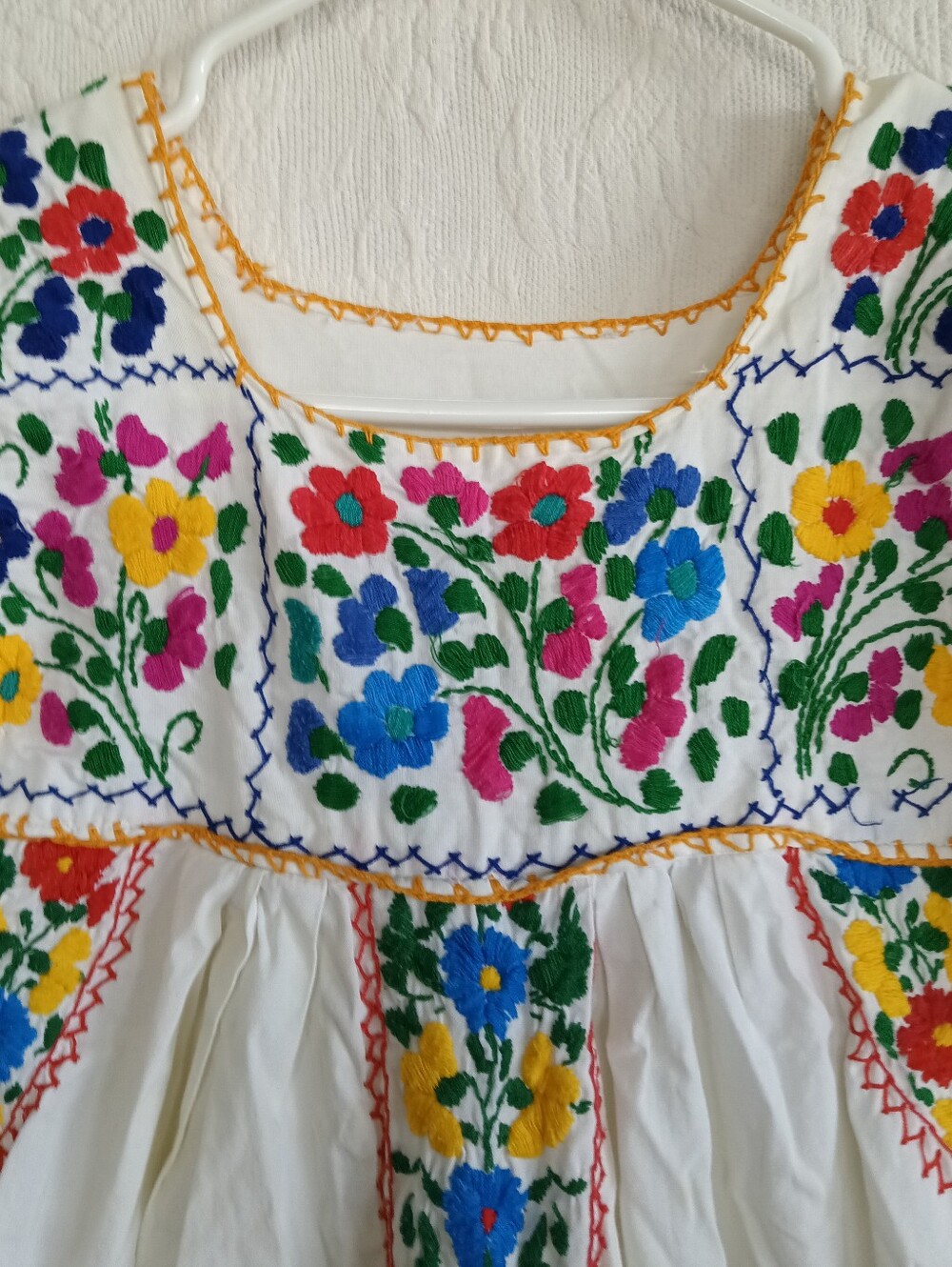 Vintage Hand Embroidered Mexican Dress Traditional Puebla Colorful Maxi Red Blue - Picture 5 of 14